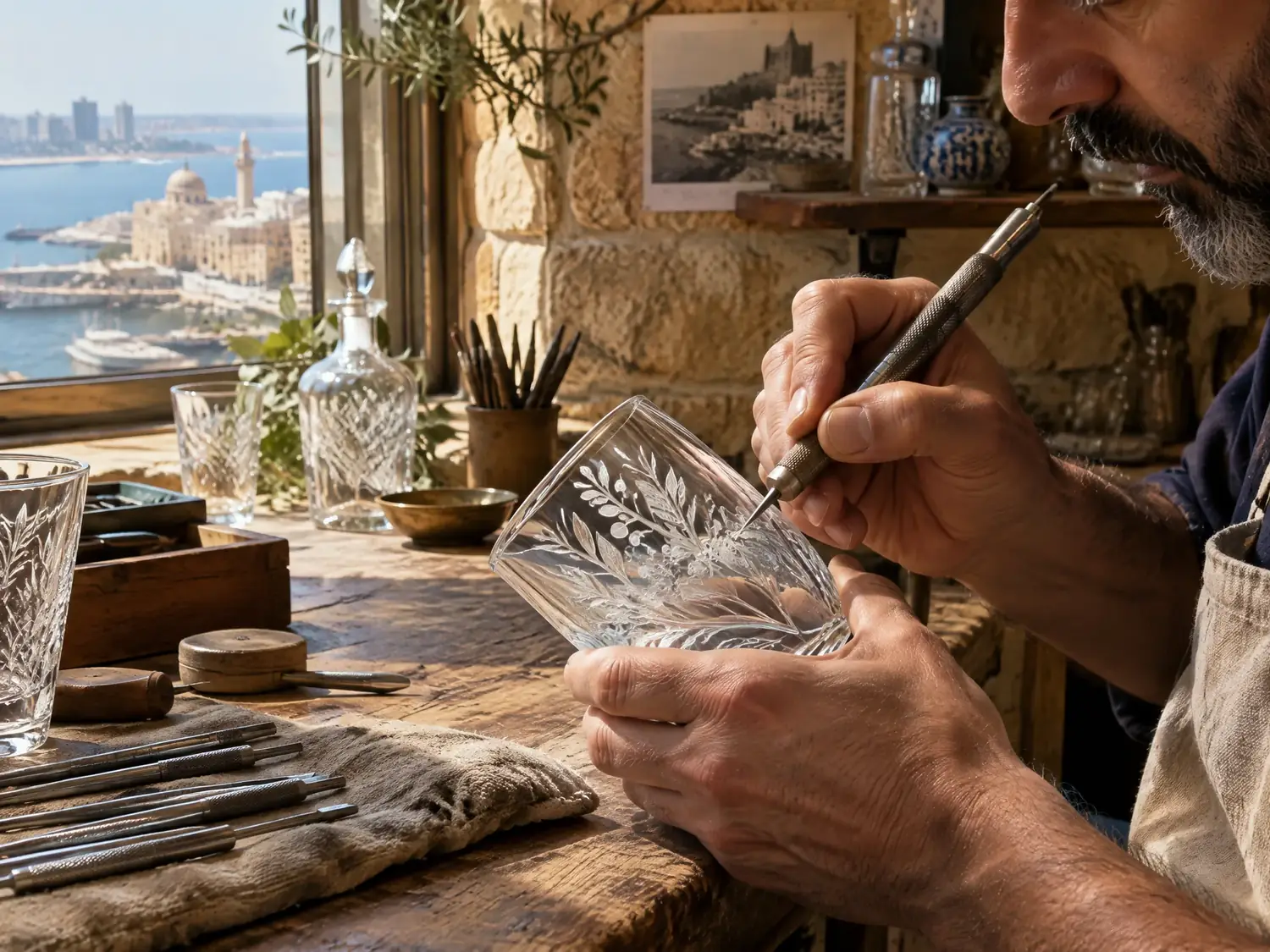 Artist engraving a glass in the Beirut atelier