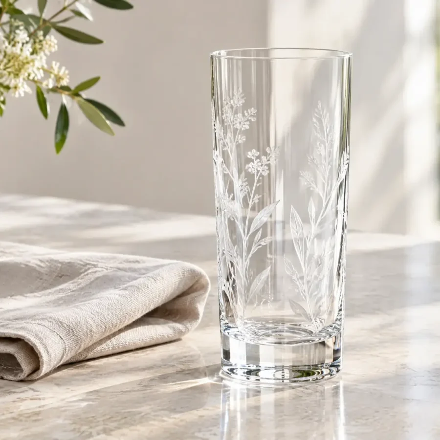 Engraved crystal long cup in daylight