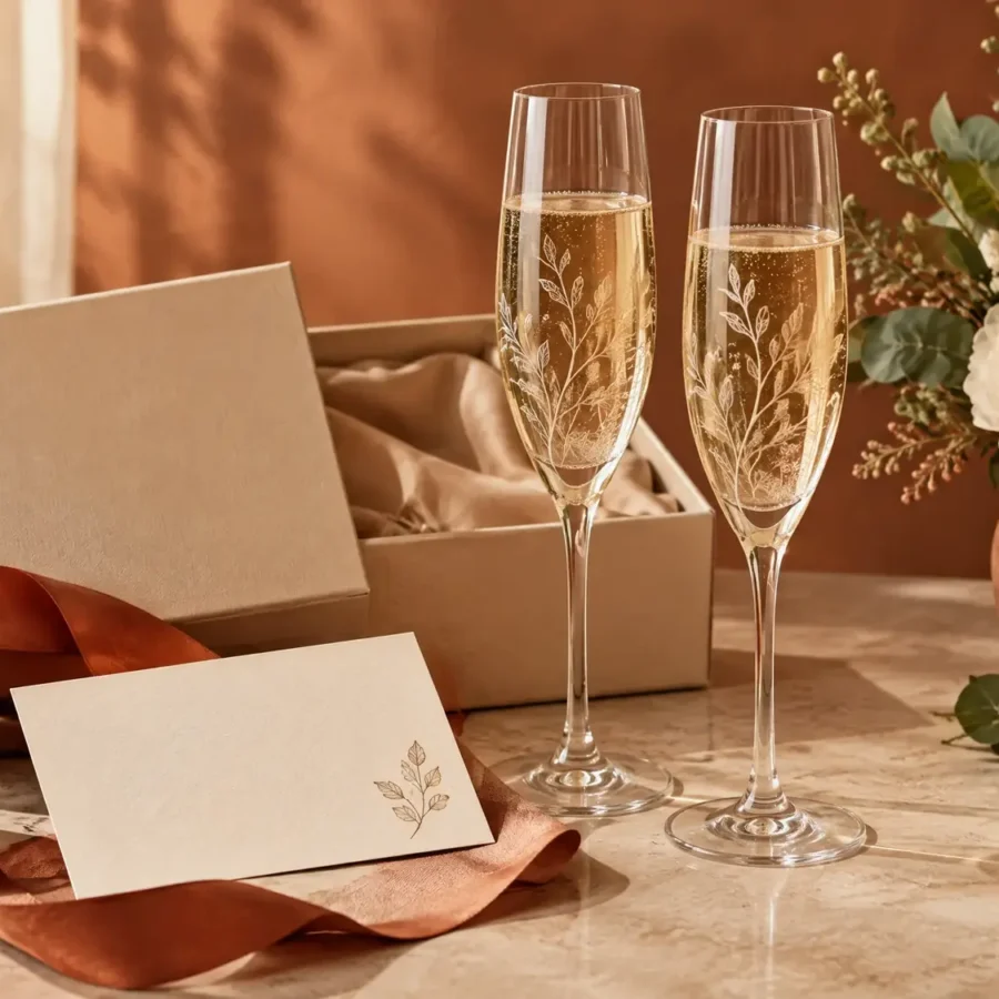 Engraved champagne flutes in a gift box