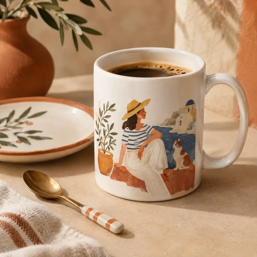Illustrated mug with coffee