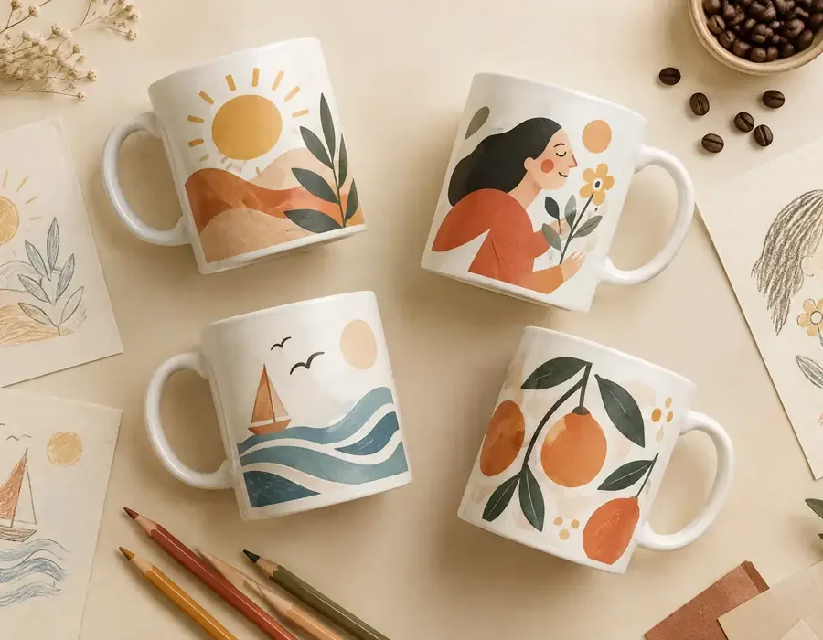 Four printed porcelain mugs with sketches