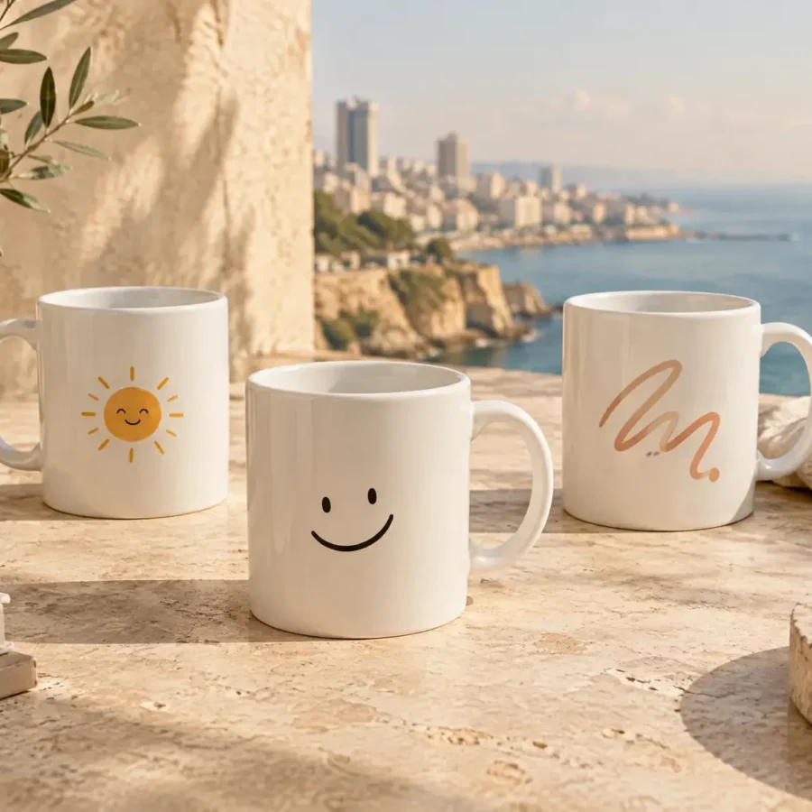 White porcelain mugs with custom prints