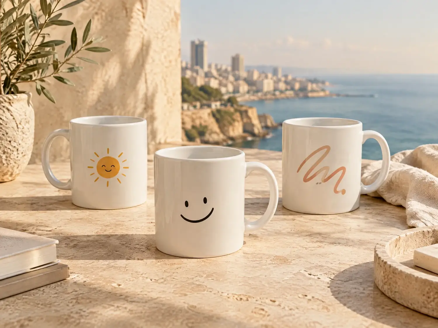 White porcelain mugs with custom prints