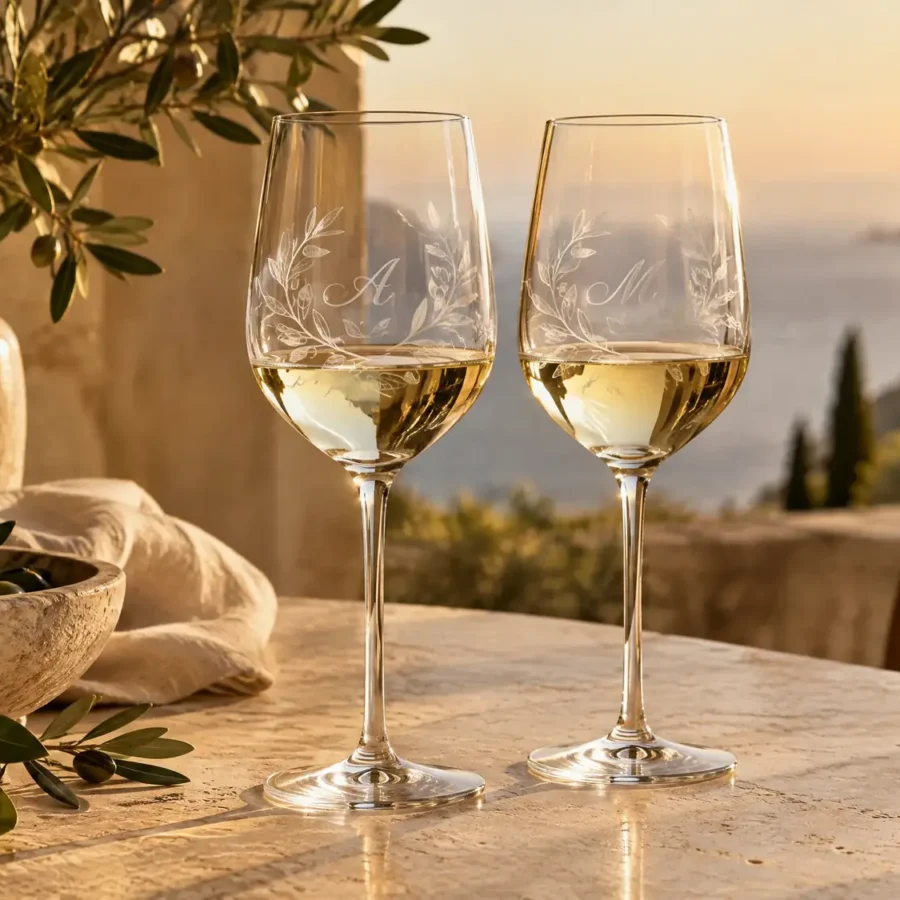 Two engraved wine glasses at golden hour