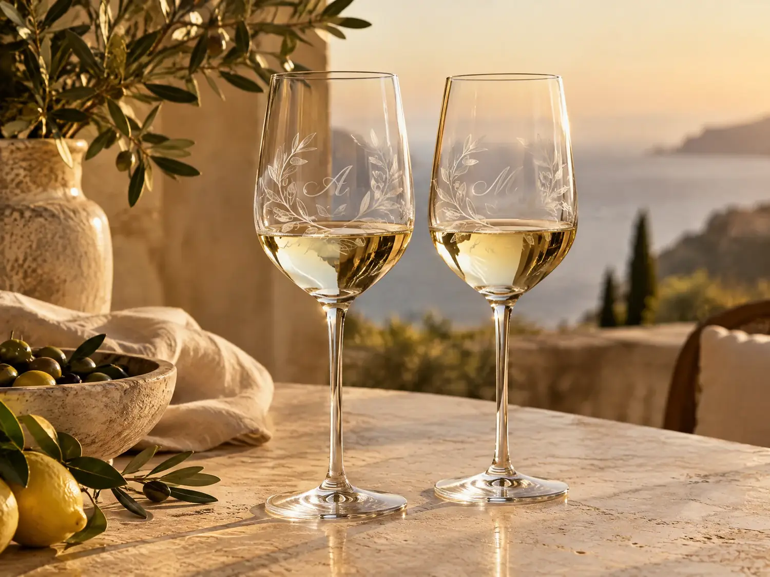 Engraved wine glasses in warm Mediterranean light
